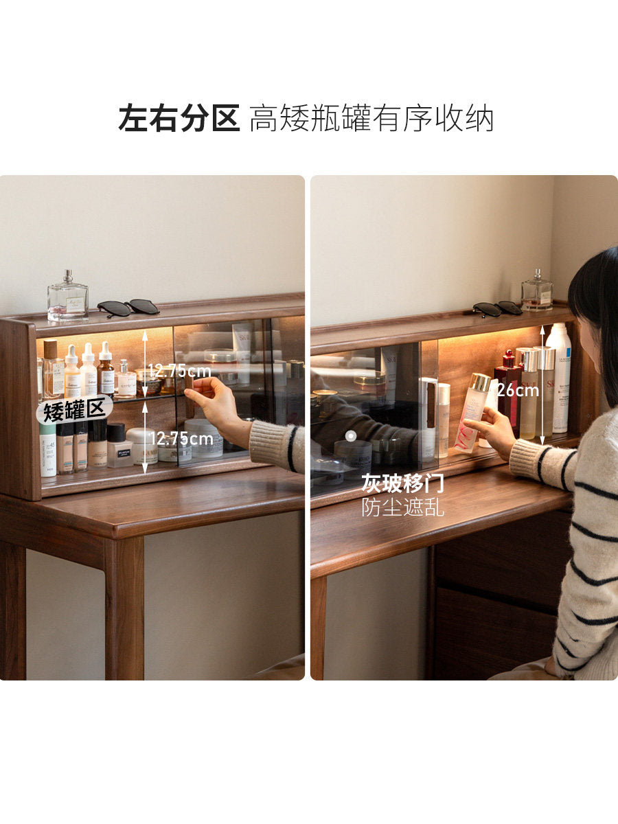 Solid Wood Makeup Vanity, Bedroom Black Walnut Retractable Dressing Table with Integrated Chest of Drawers, Minimalist Vanity Cabinet